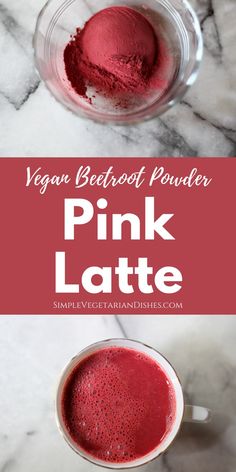 pink latte in a mug with the words vegan beetroot powder on top