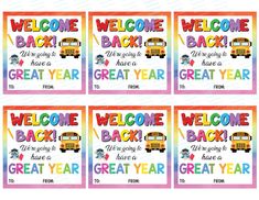 four welcome back to school signs in rainbow colors