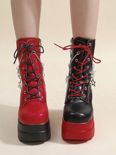 Step into style with these 2024 Autumn and Spring New Punk Style Starry Sky Ankle Boots. With a striking red and black design, these boots are perfect for any fashion-forward individual. Featuring a unique starry sky pattern, these boots will add a touch of edginess to any outfit. Closure Type : Side zipper, Lace-up Type : Combat Boots Color : Red Pattern Type : Colorblock Toe : Round Toe Heel Height : High Heel Heels : Wedges Boots Height Type : Ankle Boots Style : Punk Upper Material : PU Leather Lining Material : Mesh Insole Material : Mesh Outsole Material : PUR Unique Red Shoes, Red And Black Platform Boots, Colorful Punk Fashion, Red Punk Outfits, Red And Black Fits, Black And Red Boots, Cute Red Outfits, Punk Rock Clothes