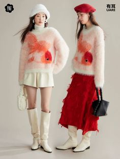 Zhaocao Xiaoli 招财小鲤 Lucky Carp New Chinese Style Autumn & Winter Fuzzy Sweater Funky Winter Dresses, Playful Cheap Winter Tops, Unique Sweaters For Women 2023, Loose Winter Outfits, Pull Aesthetic, Maximalist Clothes, Cute Orange Outfit, Graphic Sweater Outfit, Sweater Candy