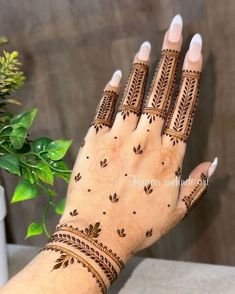 a woman's hand with henna tattoos on it and a potted plant in the background