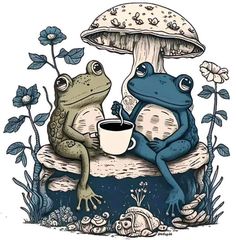 two frogs sitting next to each other on top of a mushroom covered bench with a cup of coffee