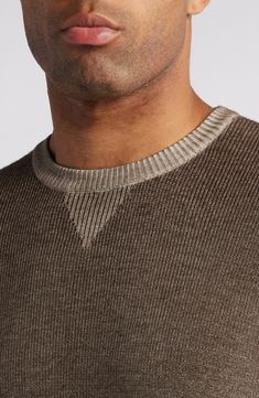 This crewneck sweater perfectly blends casual and elevated style with its contrasting ribbed trim and luxurious merino wool fabrication. 26 1/2" length (size Medium) Crewneck Long sleeves Ribbed cuffs and hem 100% merino wool Hand wash, dry flat Imported Brown Sweater With Ribbed Crew Neck, Brown Crew Neck Sweater With Ribbed Neckline, Casual Winter Sweater With Ribbing, Casual Ribbed Winter Sweater, Ribbed Wool Crew Neck Top, Woolen Ribbed Crew Neck Top, Merino Wool Sweater For Layering With Ribbed Neckline, Ribbed Sweater For Layering, Crew Neck Sweater With Ribbing For Fall