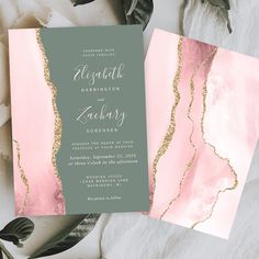 two pink and green wedding cards with gold foil