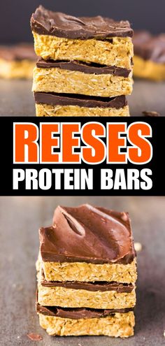 three pieces of chocolate peanut butter bars stacked on top of each other with the text reeses protein bars