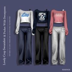 three different colored sweaters and pants for females