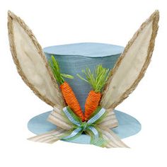 a blue hat with two carrots on it and a bow tie around the top