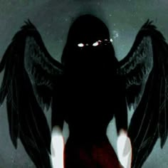 an angel with black wings standing in the dark