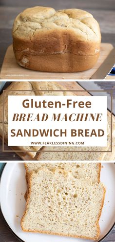 gluten - free bread machine sandwich bread on a cutting board with text overlay