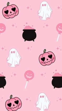 pink halloween wallpaper with black and white pumpkins