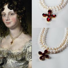 This necklace is based off the 1816 Portrait of Mary Fisher by John Constable shown in the first image.   This style of a jeweled cross hanging from pearl strands is also common in the 18th Century, so it makes for a flexible piece of historical jewelry.It's available in 2 styles.  The first (shown here) is an 18th Century version that is 13" long and features two rings on the end.  It is clasped by tying a ribbon which allows for flexible sizing and for you to coordinate the ribbon with your ou Bridgerton Jewelry, Regency Jewelry, Gold Ruby Necklace, Baguette Diamond Necklace, John Constable, Ruby And Diamond Necklace, Era Fashion, How To Tie Ribbon, Good Luck Necklace