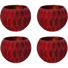 four red vases sitting next to each other