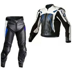 two different types of motorbike leathers and jackets, one with blue accents