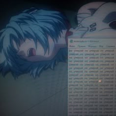 an anime character with blue hair is looking at the computer screen that has been edited