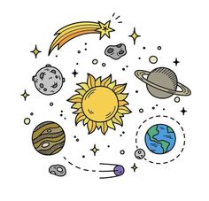 the sun, planets and stars are arranged in a circle