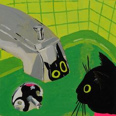 a painting of cats and a sink in a green room with yellow tiles on the walls