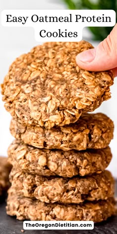 a stack of oatmeal protein cookies with text overlay