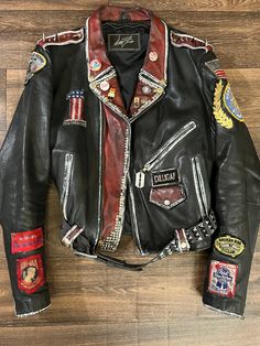 Punk Jacket Diy, Spiked Leather Jacket, Chrome Letters, Reworked Clothes, Custom Leather Jackets, 80s Men, Diy Jacket, Vintage Biker