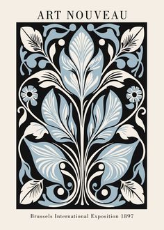 an art nouveau poster with blue and white flowers