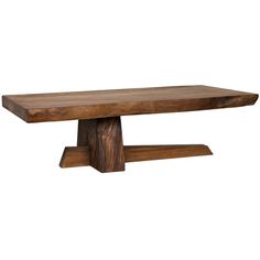 a wooden table with two legs and a wood slab on the top, against a white background