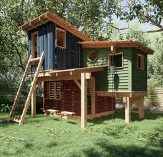 a small green house with a ladder to the roof