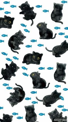 watercolor painting of black cats and fish on white background