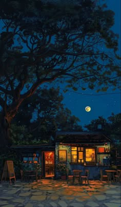 a painting of a restaurant at night with the moon in the sky