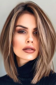 Save this pin for the best medium-length layered haircuts. This chic hairstyle is a blunt bob with a modern look. The expertly blended highlights and soft, rounded layers enhance the sleek cut, providing depth and an illusion of fuller hair. Layers Lob Haircut, Medium Haircut With Highlights, Curvy Over 40 Outfits, Hair Cuts For Over 40 Medium, Women’s Hair Cuts Medium Straight, Layered Haircuts For Medium Length Hair, Hair Styles For Full Face Women, Long Bob Hairstyles For Fine Hair 2024, Mom Cut Fine Hair