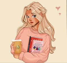 a drawing of a blonde girl holding a book and a drink