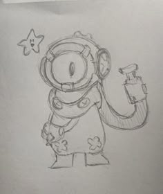 a pencil drawing of a cartoon character holding a star and looking at something in his hand