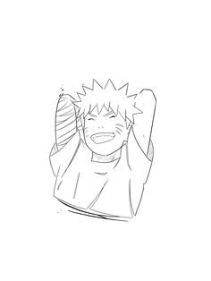 a black and white drawing of an anime character with his arms up in the air