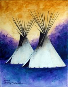 two teepees sitting in the water with purple and yellow colors behind them,