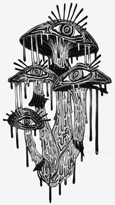 an ink drawing of some kind of strange structure with eyes and other things hanging from it