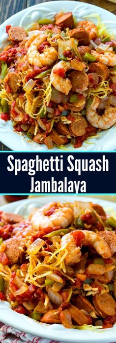 two plates filled with different types of food on top of each other and the words spaghetti squash jambala