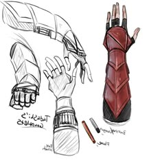 a drawing of two different types of hand and arm armors, one in red