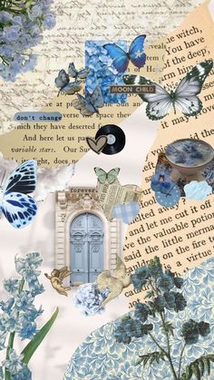 a collage of blue flowers and butterflies