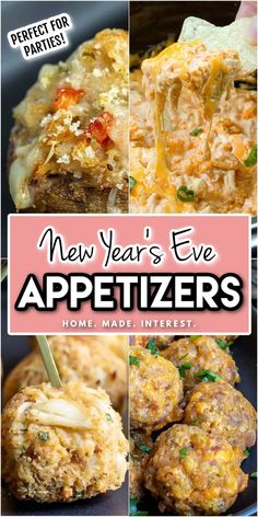 the new year's eve appetizers recipe is shown in this collage