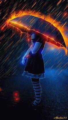 a woman standing in the rain holding an umbrella with flames coming out of her back