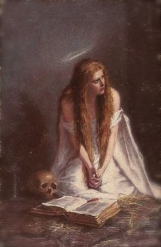 a painting of a woman with long hair sitting in front of an open book next to a skull