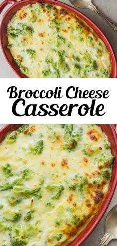 the best broccoli cheese bake in a red casserole dish