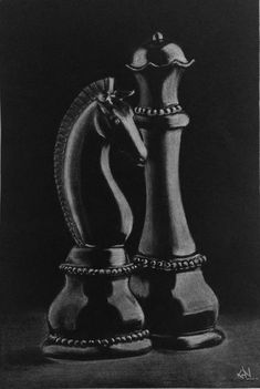 a black and white drawing of two chess pieces on a dark background, one is facing the viewer