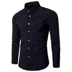 Casual Stand Collar Long Sleeve Shirt - Black - 3Q44290116 - Men's Clothing, Men's Tops & T-Shirts, Men's Shirts  #MensShirts #Men's #Clothing # #Men's #Tops #& #TShirts # #Men's #Shirts Casual Tops With Stand Collar For Work, Black Shirt With Button Closure And Stand Collar, Casual Black Top With Stand Collar, Black Top With Stand Collar And Button Closure, Solid Color Slim Fit Button-up Top, Black Crew Neck Shirt With Button Closure, Black Shirt With Stand Collar And Buttons, Stand Collar Shirt With Buttons For Fall, Casual Workwear Shirt With Stand Collar