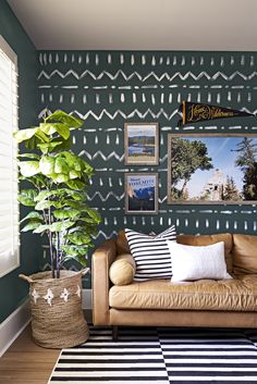 a living room filled with furniture and pictures on the wall next to a potted plant