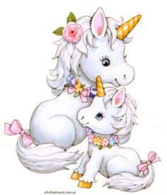 two white unicorns with flowers on their heads and one is holding the other's head