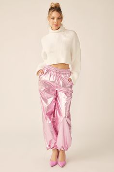 Pink Wide Leg Winter Pants, Pink Wide Leg Pants For Winter, Pink Stretch Bottoms For Winter, Winter Pink Bottoms, Pink Pants With Elastic Waistband For Winter, Metallic Shiny Spring Pants, Trendy Pink Parachute Pants, Shiny Wide Leg Bottoms For Spring, Spring Wide Leg Shiny Bottoms