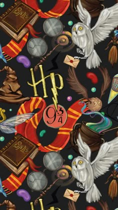 an image of harry potter pattern on a black background with white and red items all over it