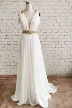 White Beach Wedding Dresses, Greek Wedding Dresses, Prom Dress White, Beach Wedding White, White Evening Dress, White Chiffon, Chiffon Prom Dress, Long Wedding Dresses, Dress Prom