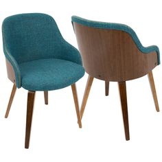 two chairs with wooden legs and blue upholstered fabric