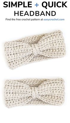 two crocheted headbands with text that reads simple and quick headband