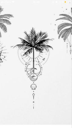 a black and white drawing of two palm trees with geometric designs on the bottom right corner